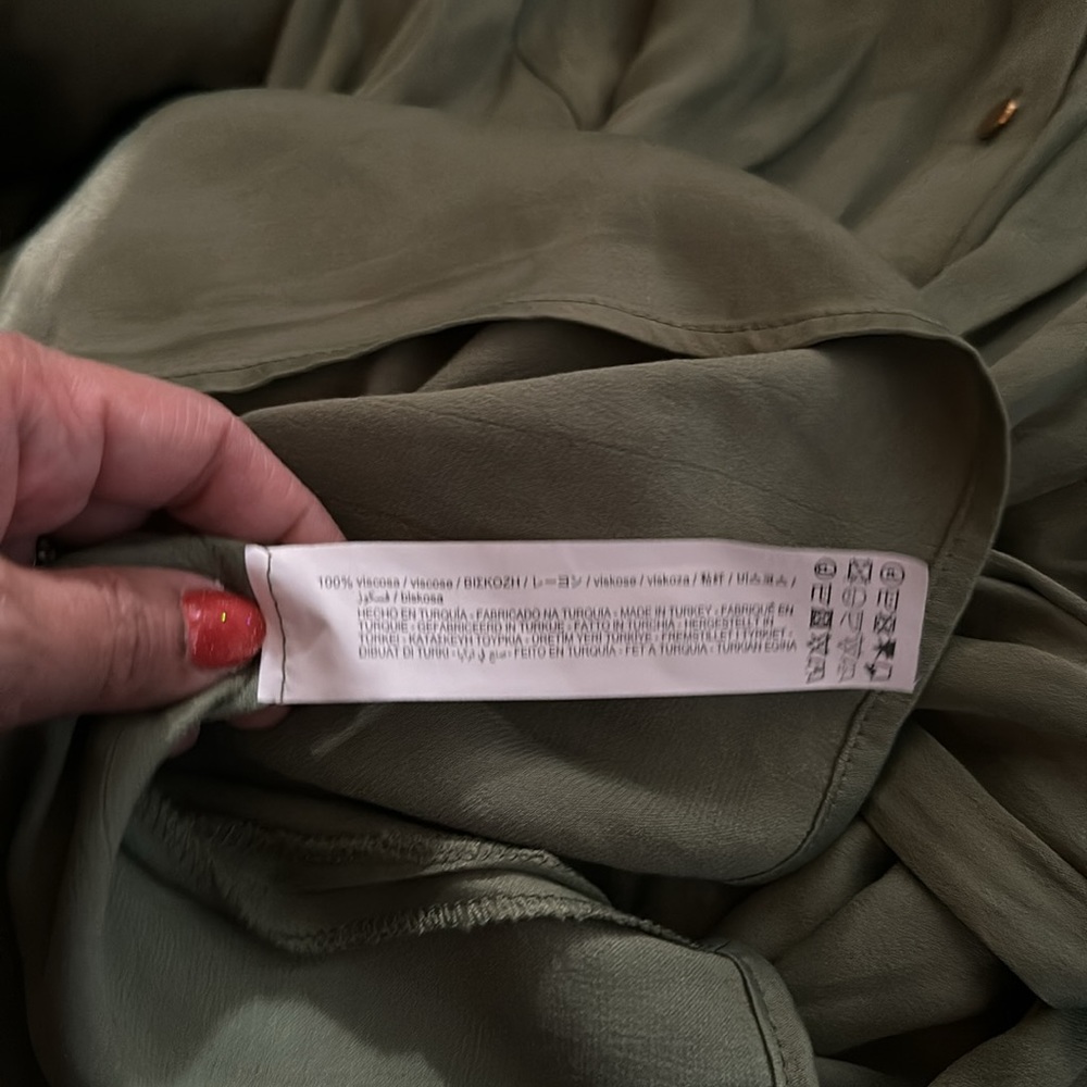 {VGUC} $89 ZARA Khaki Green Satin Belted Mini Shirt Dress - Picture 11 of 11